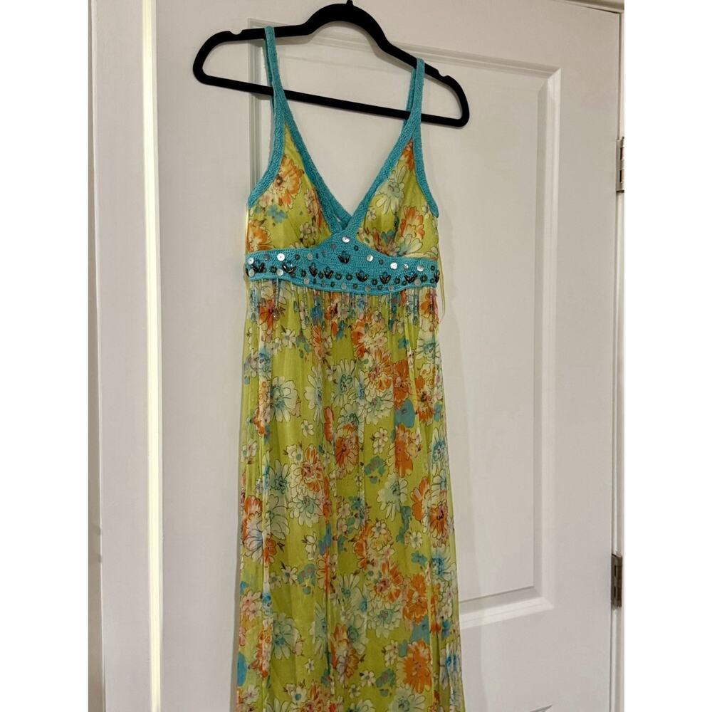 100% Silk Sue Wong Green Multicolor Beaded Floral Maxi Dress Blue Crochet - Picture 10 of 13